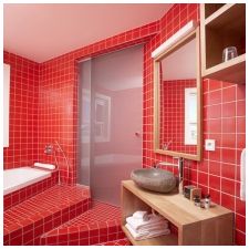 характеристики на дизайна баня в червено и бяло