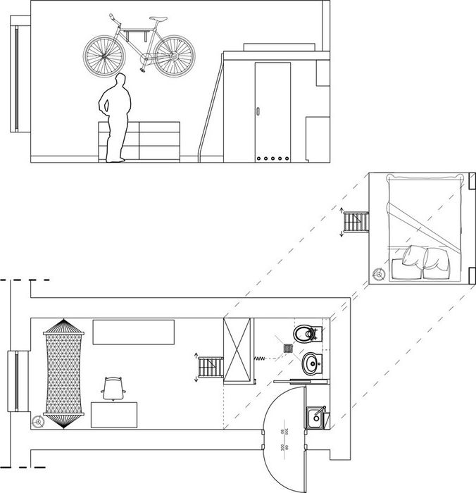 Малък апартамент на 13 квадратни метра, където има дори и хамак, и стената е украсена с велосипед